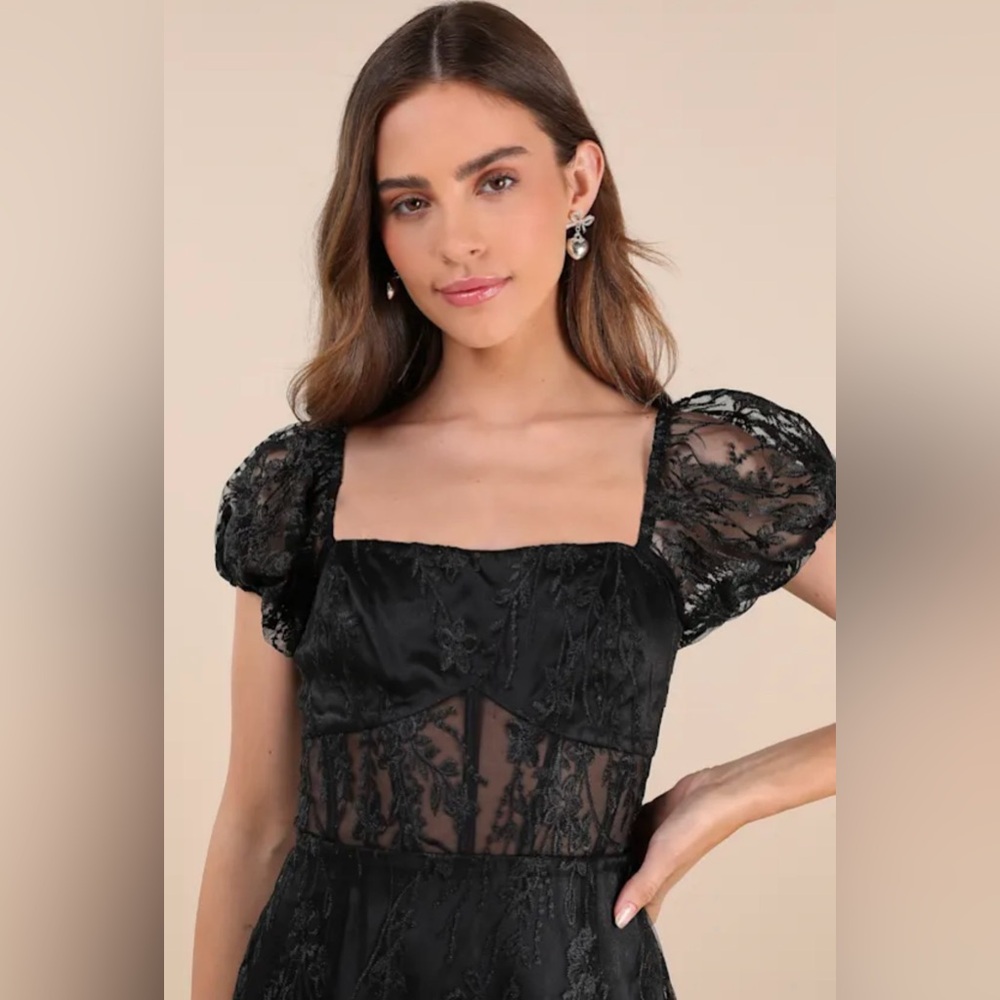 NWT Lulus Seriously Cute Black Embroidered Mesh Puff Sleeve Mini Dress - Picture 4 of 8